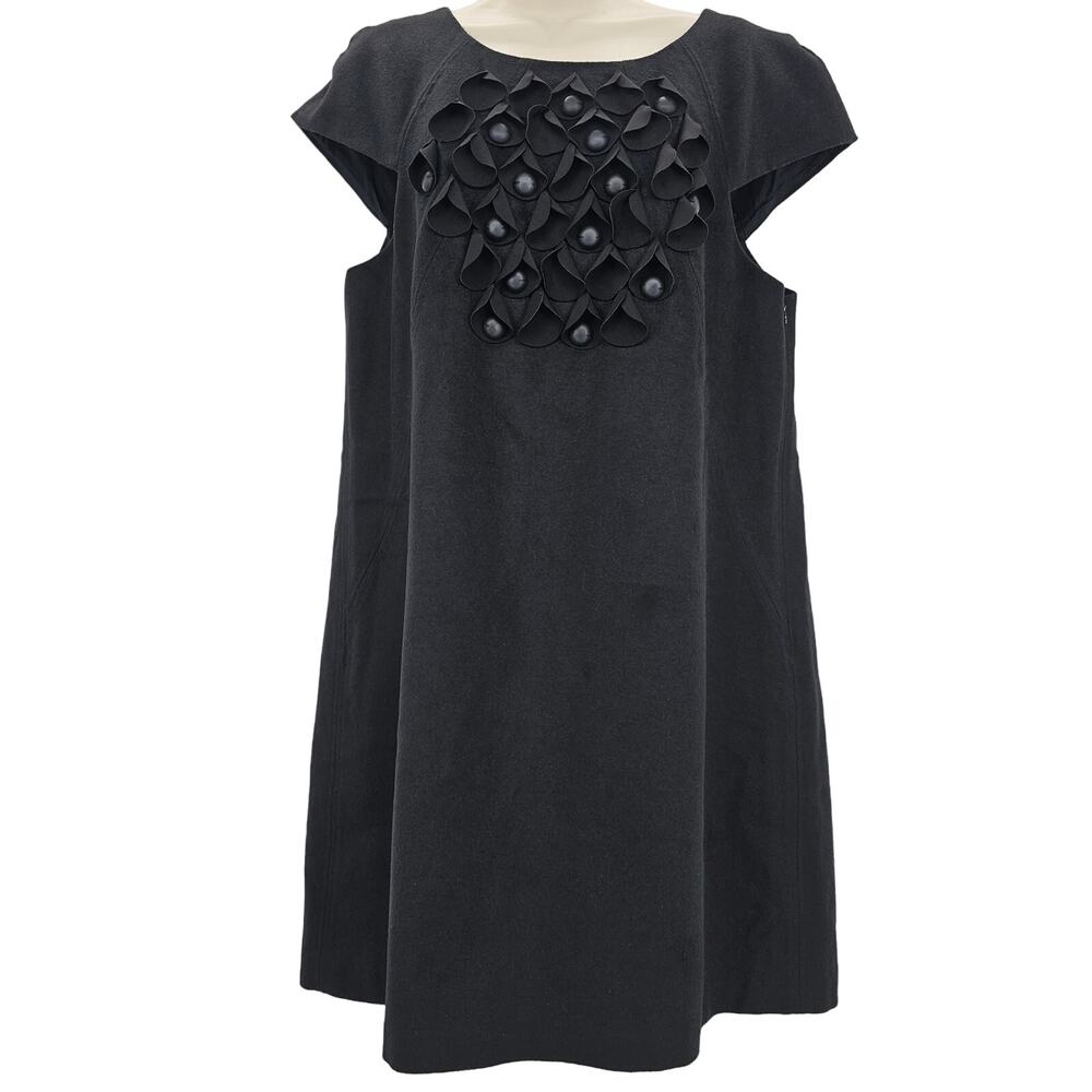 Tibi Womans size 12 Cap Sleeve Wool Blend Mini Shift Dress Black Embellished